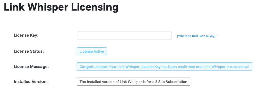 Link Whisper licensside i WordPress med aktiv licens og bekræftet abonnement