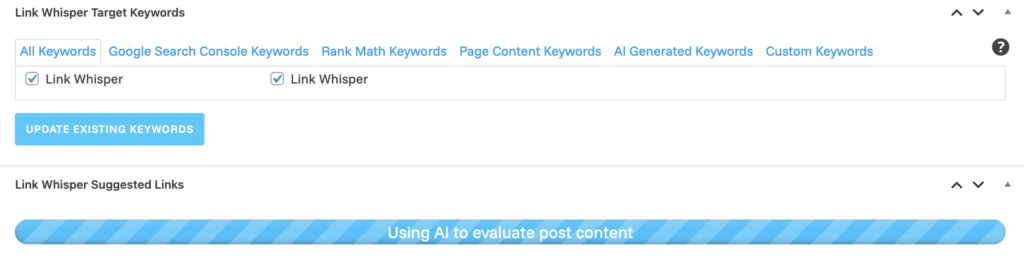 Link Whisper viser målrettede søgeord og foreslåede interne links baseret på indhold og AI-analyse i WordPress