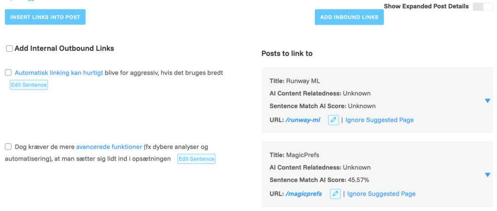Link Whisper foreslår interne links direkte i indholdet med mulighed for manuel godkendelse og redigering i WordPress