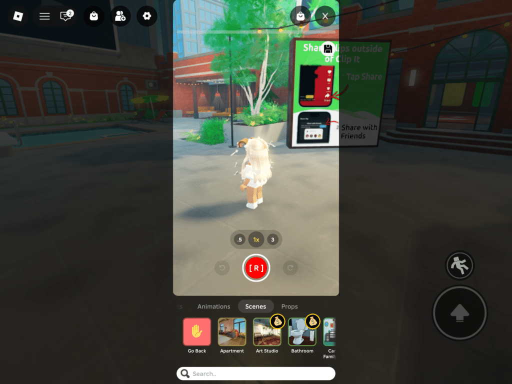 Clip It på Roblox med optageknap og scene-menu, hvor man vælger location til korte klip