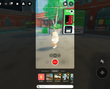 Clip It på Roblox med optageknap og scene-menu, hvor man vælger location til korte klip