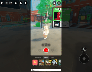 Clip It på Roblox med optageknap og scene-menu, hvor man vælger location til korte klip