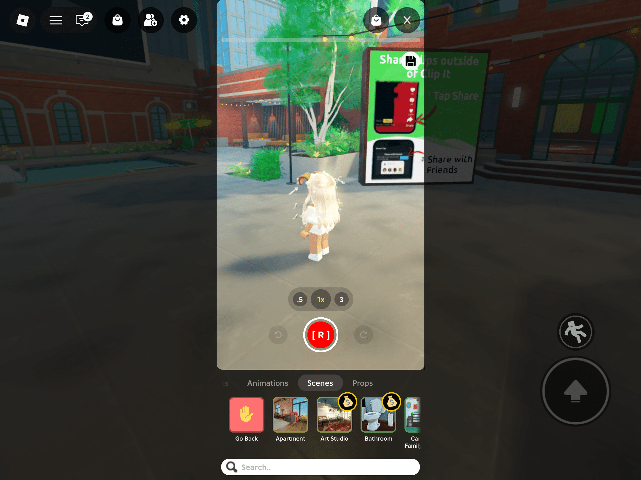 Clip It on Roblox with a record button and scene menu, where you choose a location for short clips