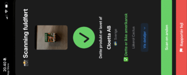 UdenUSA viser resultat efter scanning af Läkerol Cactus med beskeden “Dette er ikke amerikansk” og producenten Cloetta AB fra Sverige.