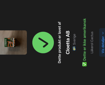 UdenUSA viser resultat efter scanning af Läkerol Cactus med beskeden “Dette er ikke amerikansk” og producenten Cloetta AB fra Sverige.