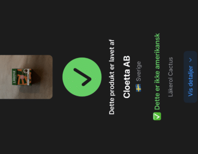 UdenUSA viser resultat efter scanning af Läkerol Cactus med beskeden “Dette er ikke amerikansk” og producenten Cloetta AB fra Sverige.