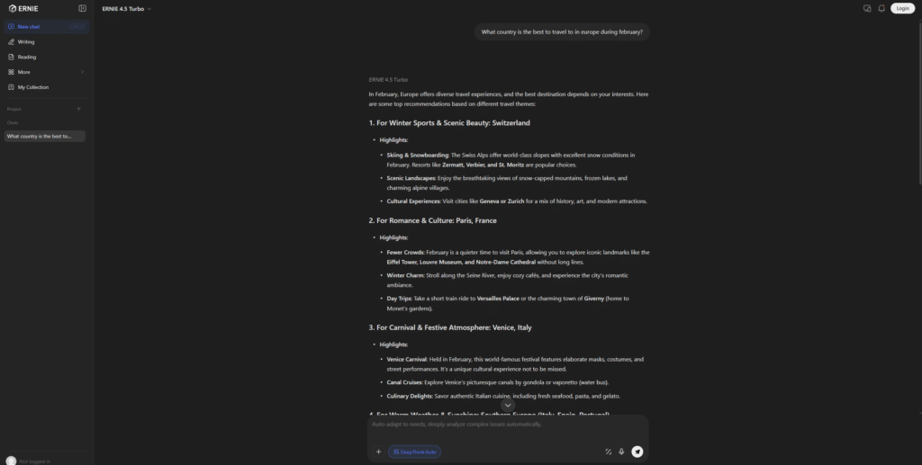 ERNIE 4.5 Turbo AI chatbot from Baidu answering a travel-related question about the best European destinations in February