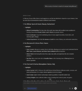 ERNIE 4.5 Turbo AI-chatbot fra Baidu, der svarer på et rejserelateret spørgsmål om de bedste europæiske destinationer i februar