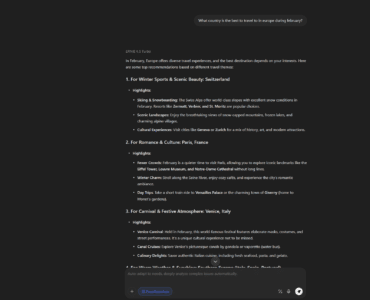ERNIE 4.5 Turbo AI-chatbot fra Baidu, der svarer på et rejserelateret spørgsmål om de bedste europæiske destinationer i februar