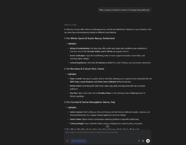 ERNIE 4.5 Turbo AI-chatbot fra Baidu, der svarer på et rejserelateret spørgsmål om de bedste europæiske destinationer i februar