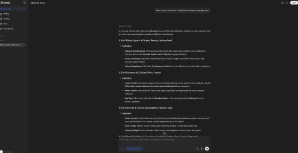ERNIE 4.5 Turbo AI-chatbot fra Baidu, der svarer på et rejserelateret spørgsmål om de bedste europæiske destinationer i februar