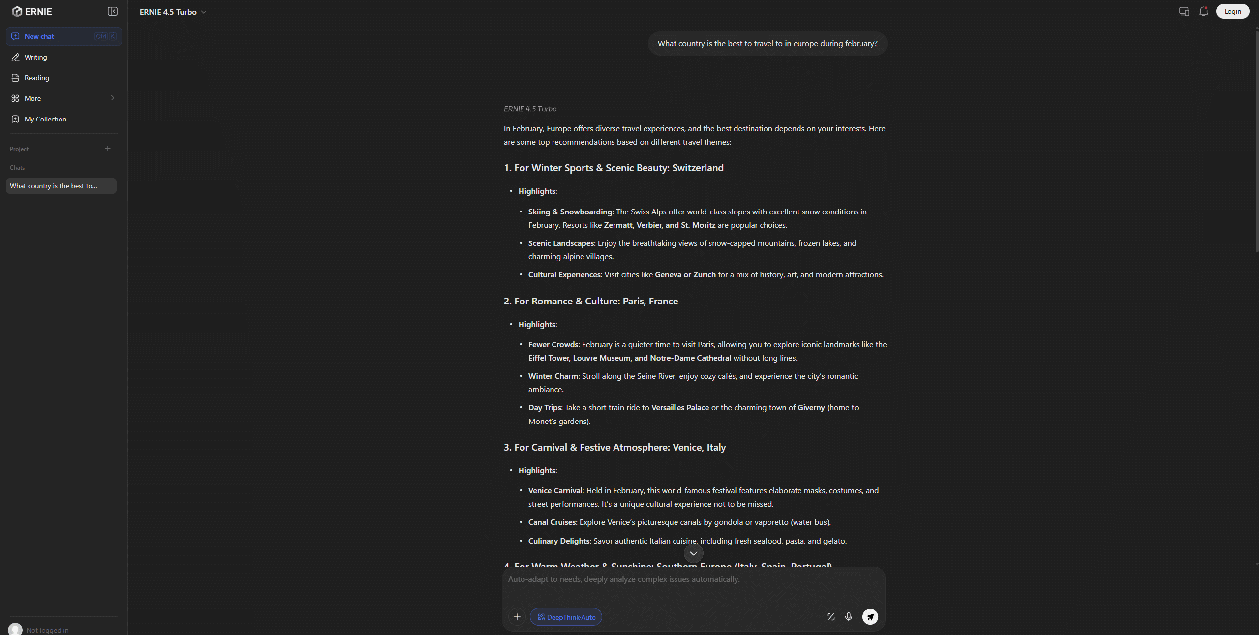 ERNIE 4.5 Turbo KI-Chatbot von Baidu, der eine reisebezogene Frage zu den besten europäischen Reisezielen im Februar beantwortet