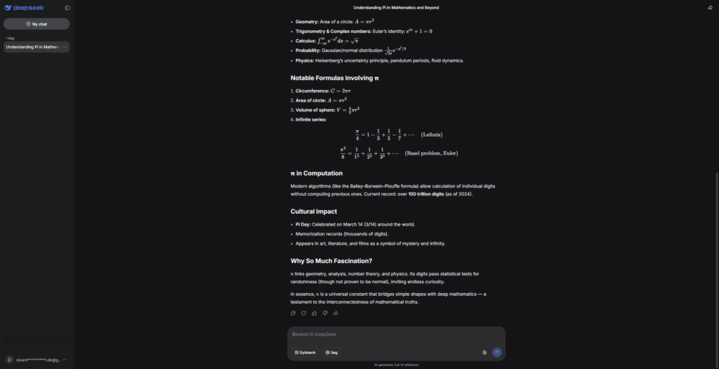 DeepSeek AI chatbot explaining mathematical concepts and formulas related to pi with structured, technical answers