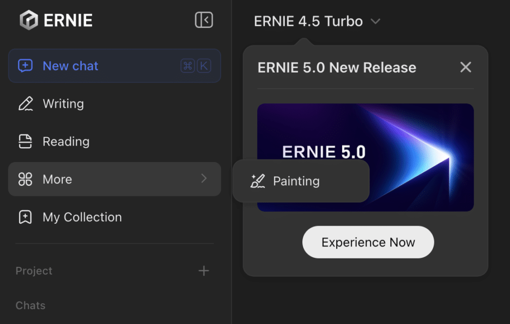 ERNIE AI interface with ERNIE 5.0 New Release and tools such as Writing, Reading, and Painting