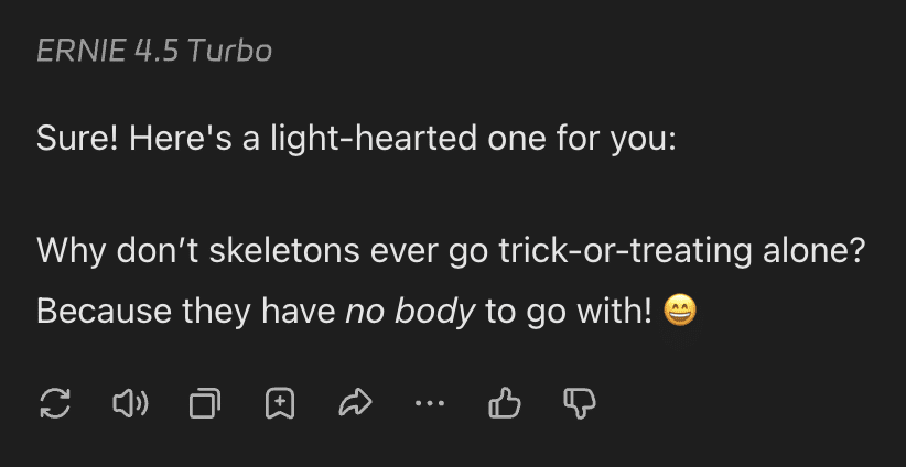 ERNIE 4.5 Turbo replies with a humorous joke in chat as an example of the AI’s creative text generation