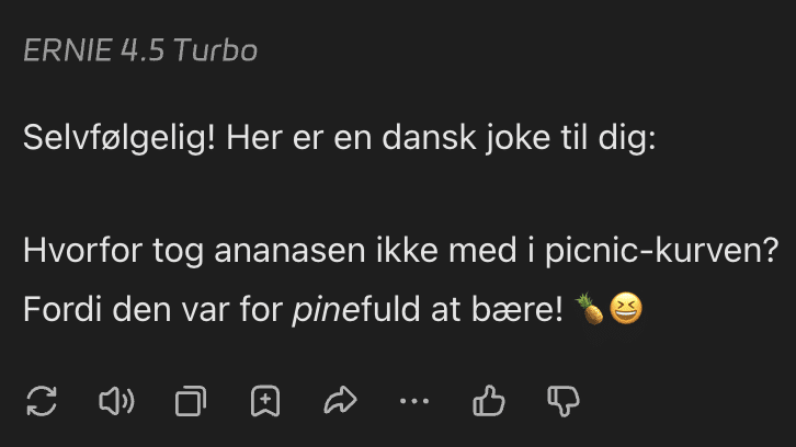 ERNIE 4.5 Turbo generates a Danish joke as an example of the AI’s understanding (or lack thereof) of language and humor
