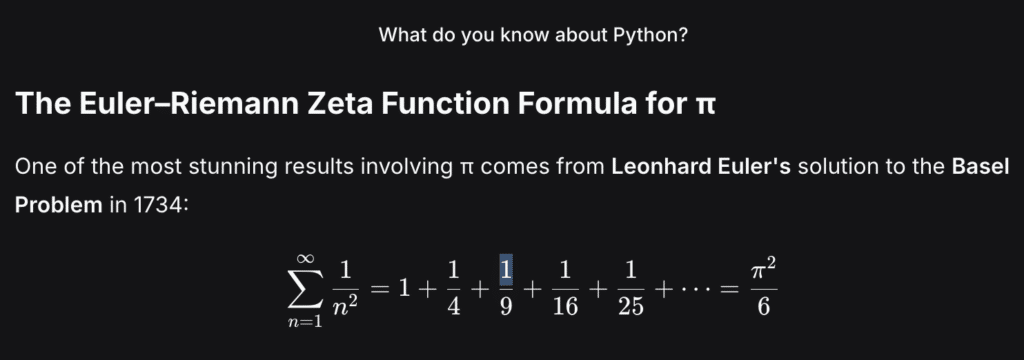 Skærmbillede fra vores test af DeepSeek AI, hvor chatbotten forklarer avanceret matematik med Euler–Riemann zeta-funktionen og sammenhængen mellem uendelige rækker og pi (π).