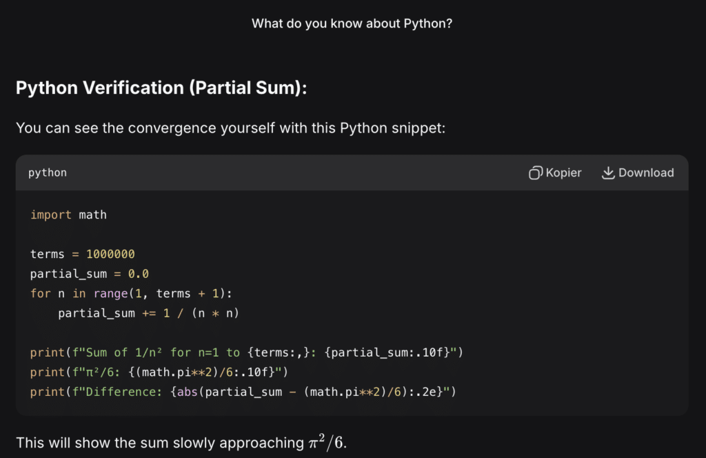 Skærmbillede fra vores test af DeepSeek AI, hvor chatbotten bruger et Python-script til at demonstrere matematisk konvergens og verificere Euler–Riemann zeta-funktionen i praksis.