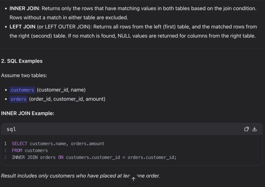 Qwen AI explains the difference between SQL INNER JOIN and LEFT JOIN with a technical description and concrete SQL example.