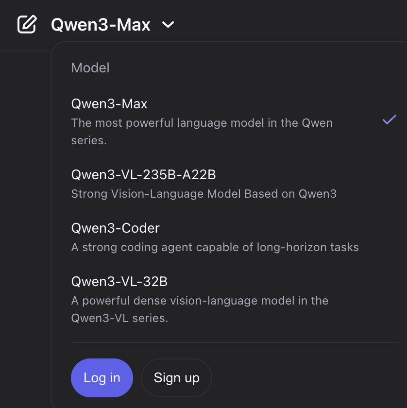 Model selection in Qwen AI showing Qwen3-Max, Qwen3-Coder, and vision-language models in the Qwen series.