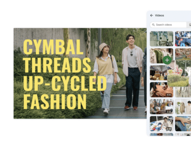 Eksempel på videoopbygning i Google Vids med titeltekst og videoklip fra mediebiblioteket