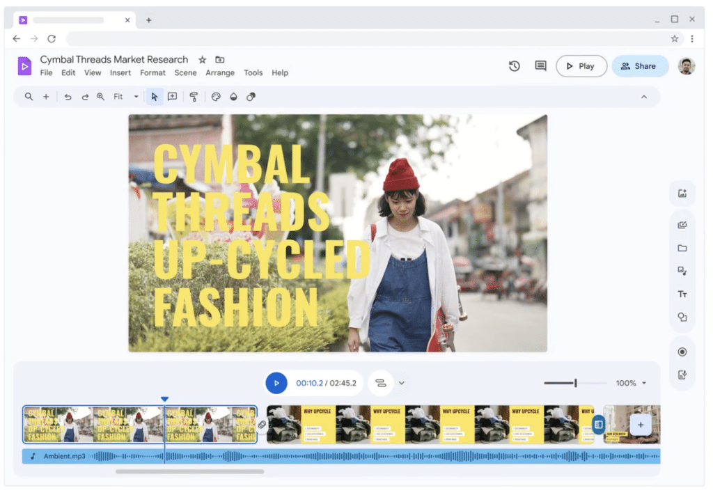 Editing interface in Google Vids with scene overview, text overlay, and a timeline for video creation