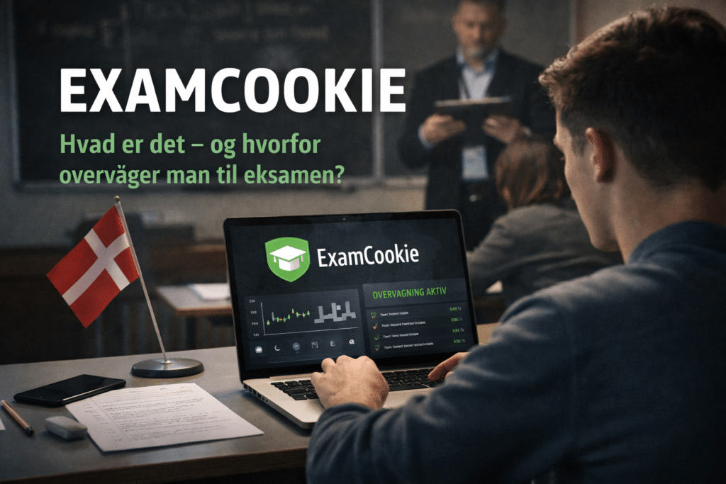 Elev ved computer til digital eksamen, hvor ExamCookie bruges til at overvåge og sikre fair prøvevilkår