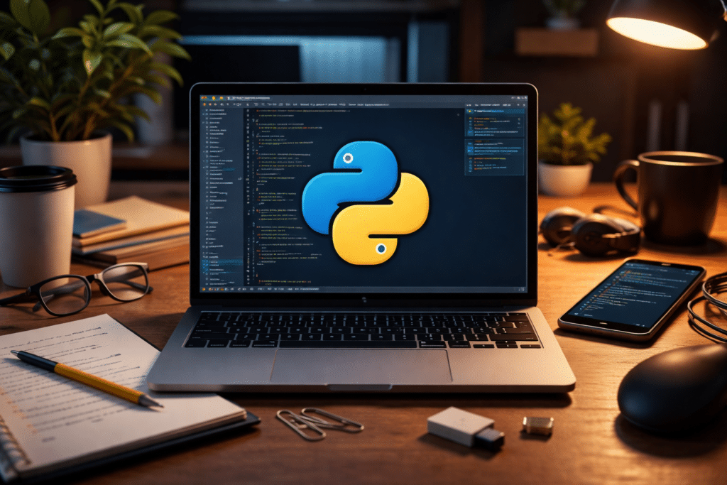 Python på laptop – vores testopsætning på Windows 11 med kodeeditor og Python-logo på skærmen