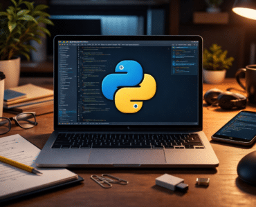 Python på laptop – vores testopsætning på Windows 11 med kodeeditor og Python-logo på skærmen