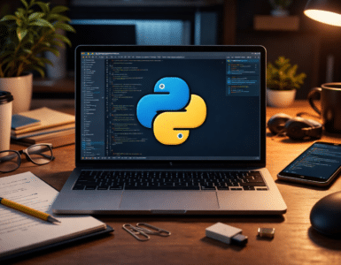 Python på laptop – vores testopsætning på Windows 11 med kodeeditor og Python-logo på skærmen