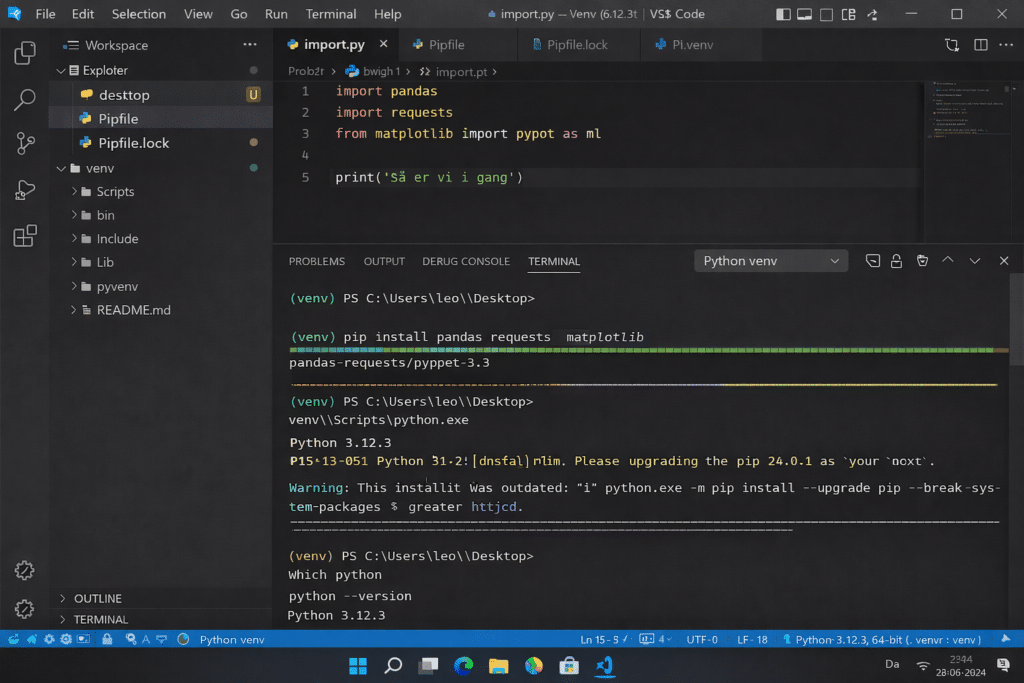 VS Code with a Python script open during our test — the terminal shows program execution and installed packages