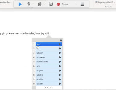 AppWriter ordforslag i Word, hvor skrivehjælpen foreslår ord som uden, udtaler og udmærket Billedtekst: Screenshot fra vores test af AppWriter, hvor ordforslag og oplæsning vises direkte i et Word-dokument