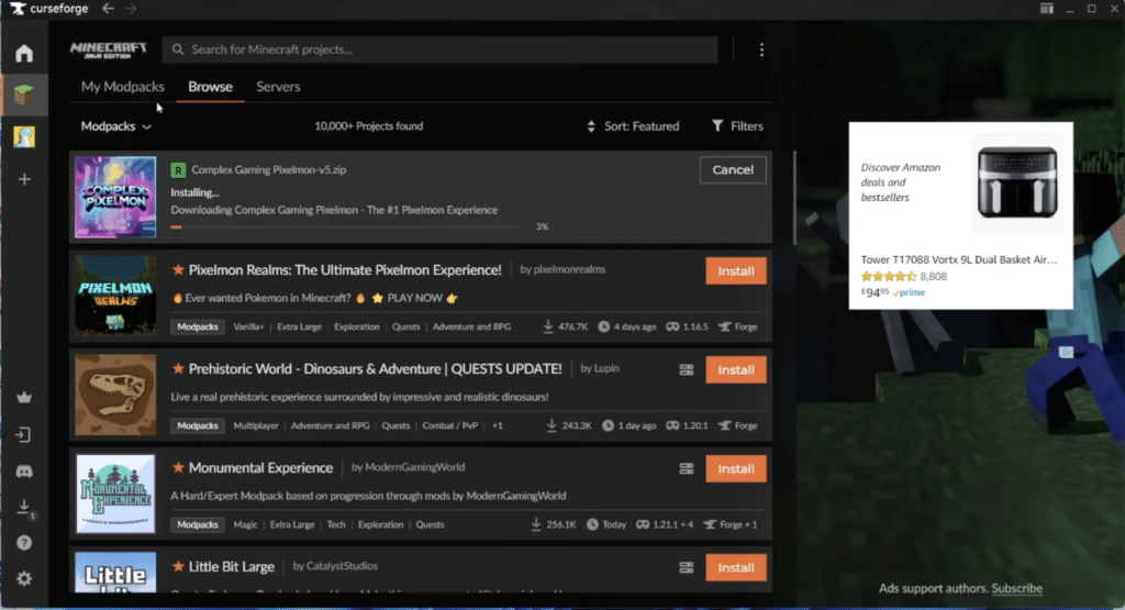 CurseForge på Windows 11 hvor vi installerer en Minecraft modpack (Pixelmon) og kan følge download/installation direkte i appen