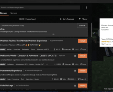 CurseForge på Windows 11 hvor vi installerer en Minecraft modpack (Pixelmon) og kan følge download/installation direkte i appen