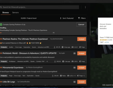 CurseForge på Windows 11 hvor vi installerer en Minecraft modpack (Pixelmon) og kan følge download/installation direkte i appen