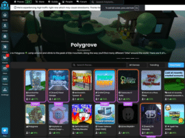 Skærmbillede fra vores test af Polytoria, hvor Places-oversigten vises med “Polygrove” i toppen samt søgefelt, genrer og download-knap.