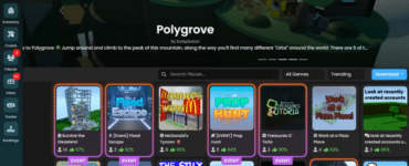 Skærmbillede fra vores test af Polytoria, hvor Places-oversigten vises med “Polygrove” i toppen samt søgefelt, genrer og download-knap.