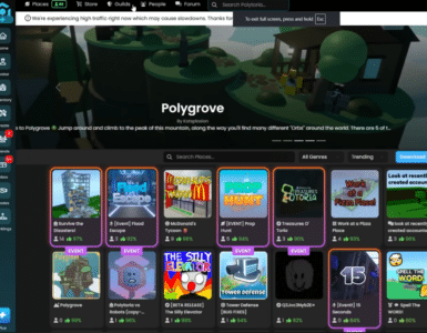 Skærmbillede fra vores test af Polytoria, hvor Places-oversigten vises med “Polygrove” i toppen samt søgefelt, genrer og download-knap.