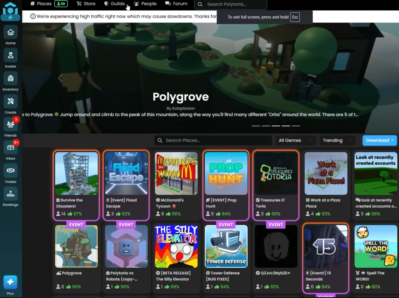 Skjermbilde fra vår test av Polytoria, der Places-oversikten vises med «Polygrove» øverst samt søkefelt, sjangre og nedlastingsknapp.
