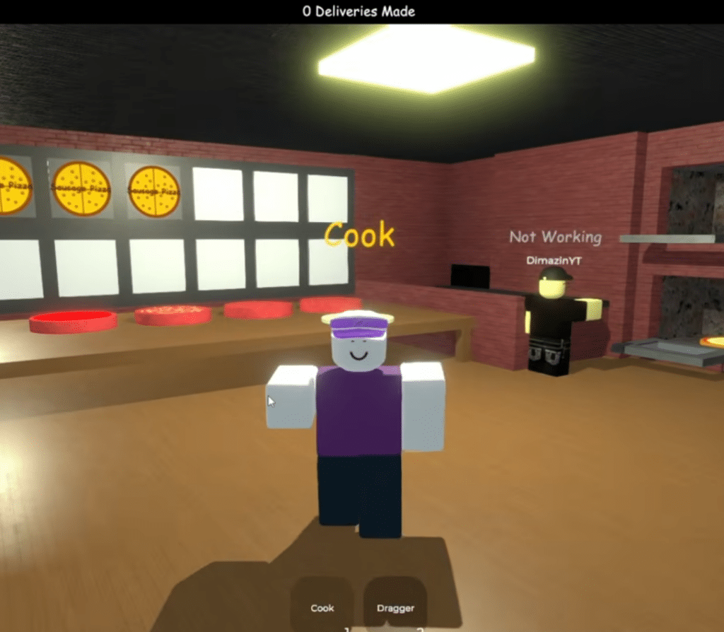 Skjermbilde fra vår test av Polytoria, der en blokkete figur står på et pizzakjøkken med rollen “Cook” og stasjoner for å lage pizzaer.