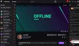 Twitch på Windows 11 under vores test – kanal er offline, med chatpanel og følgerliste til venstre.