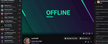 Twitch på Windows 11 under vores test – kanal er offline, med chatpanel og følgerliste til venstre.