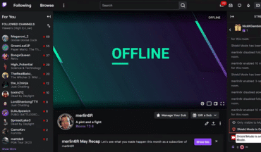 Twitch på Windows 11 under vores test – kanal er offline, med chatpanel og følgerliste til venstre.