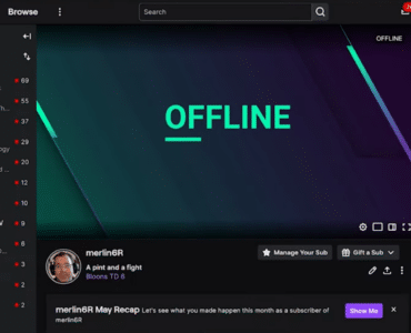 Twitch på Windows 11 under vores test – kanal er offline, med chatpanel og følgerliste til venstre.