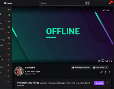 Twitch på Windows 11 under vores test – kanal er offline, med chatpanel og følgerliste til venstre.