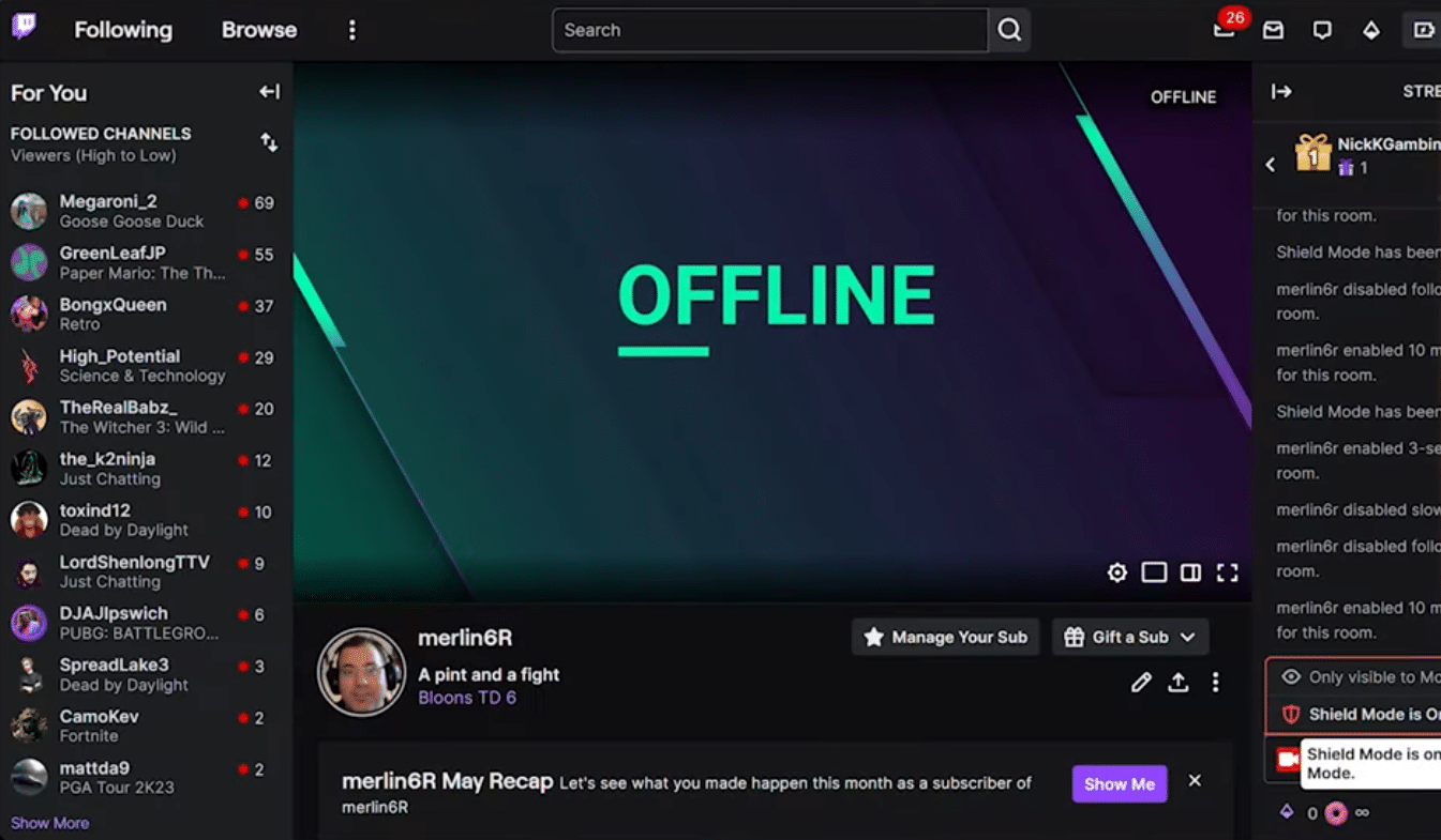 Twitch on Windows 11 during our test – channel is offline, with chat panel and following list on the left.