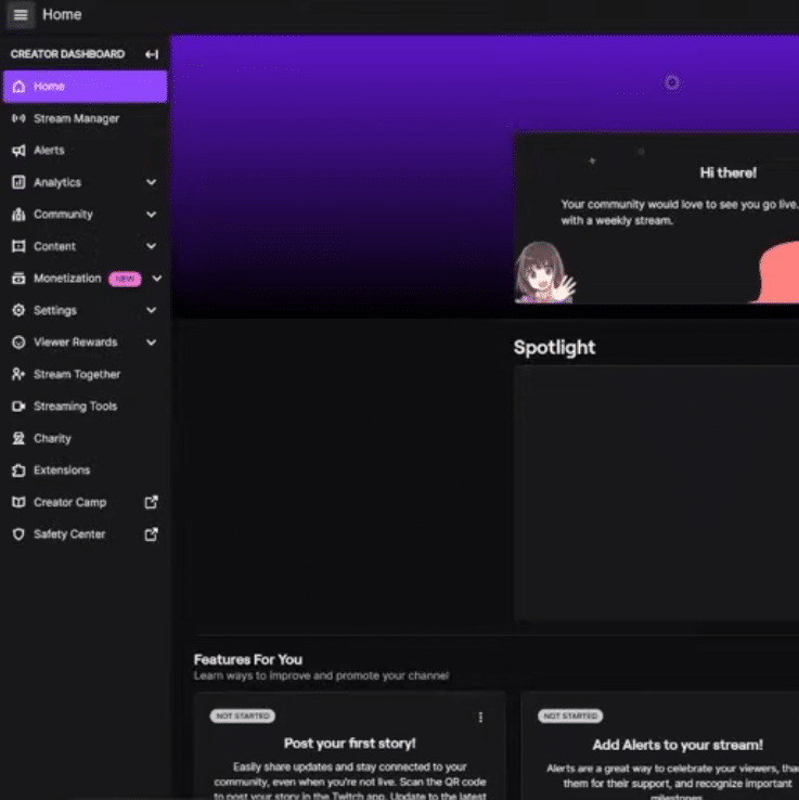 Twitch Creator Dashboard på PC under vår test – venstremeny med Stream Manager, Alerts, Analytics, Monetization og Settings.