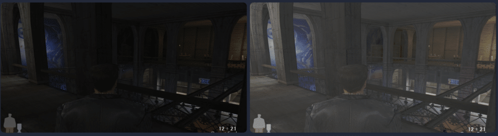 Før og etter gammajustering i et mørkt spillmiljø – venstre er originalt og veldig mørkt, høyre er lysnet med Gamma Control for bedre synlighet