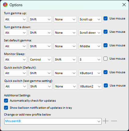 Innstillingsvinduet i Gamma Control 6 med snarveier for gamma opp/ned, standardgamma, skjermdvale og hurtigbytte samt muserull og XButton1/XButton2