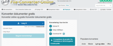 File-Converter-Online.com med “Konverter dokumenter gratis”, hvor du vælger fil, vælger målformat og downloader resultatet i tre trin.